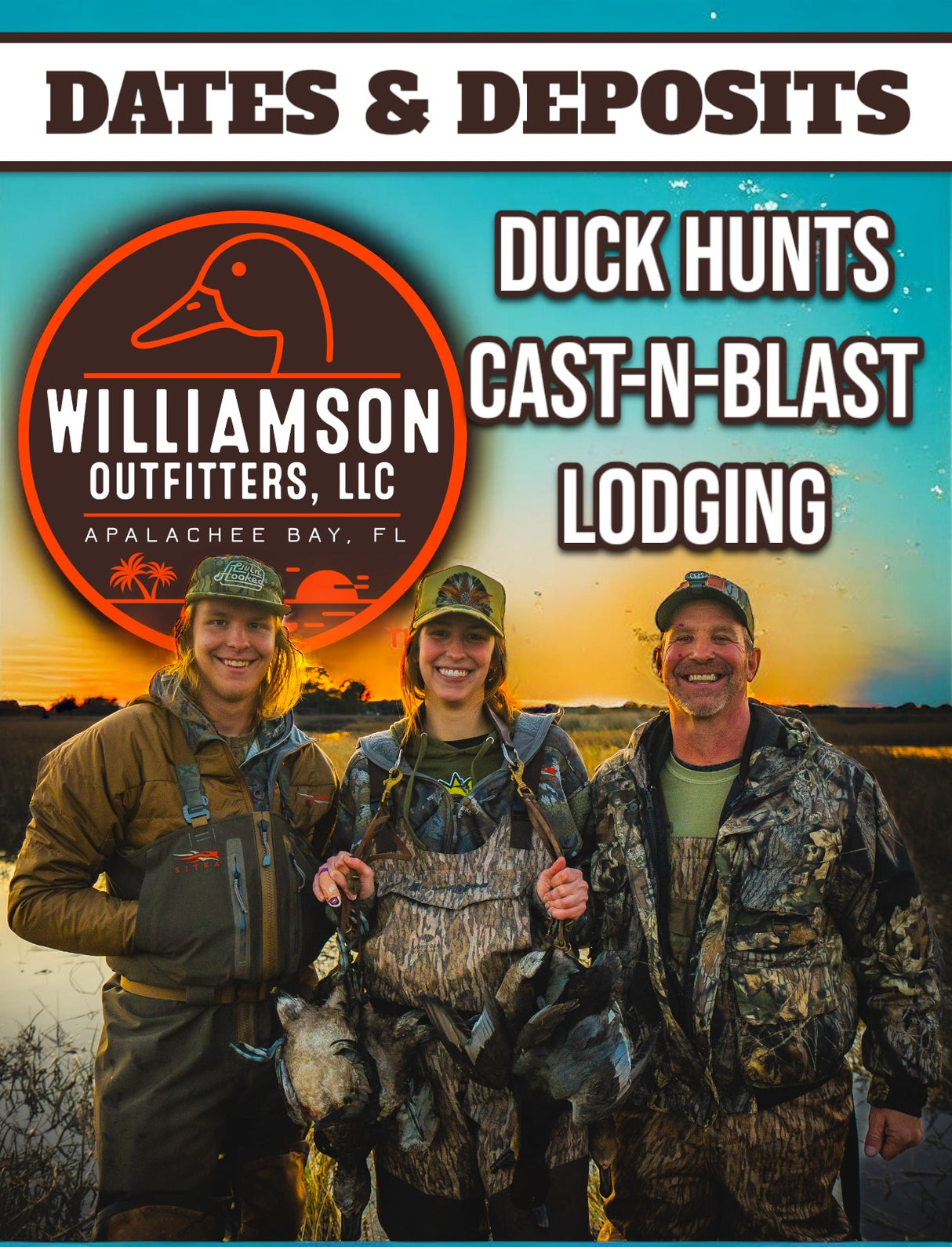 Booking Deposits & Availability for Duck Hunts, Cast-N-Blast’s, and Lodging ($125 per person)