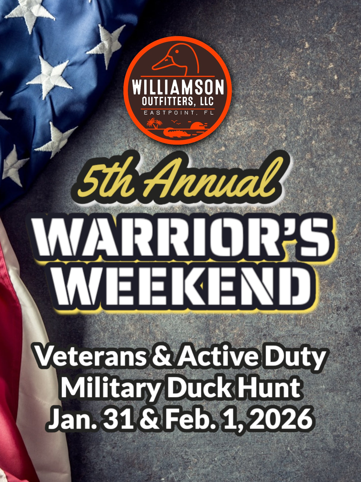 “WARRIOR’S WEEKEND”: Military Duck Hunt (BOOKING DEPOSIT; January 31st & February 1st, 2026)